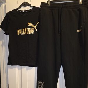 Puma Black Tee and Joggers with Gold Logo: Size Large